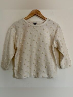 Ann Taylor Petite Cream Textured Pom-Pom Knit Sweater